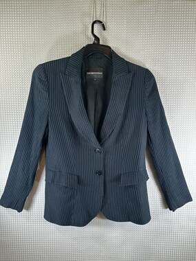 Emporio Armani Women's Black and Grey Ribbed Pinstripe Blazer Jacket